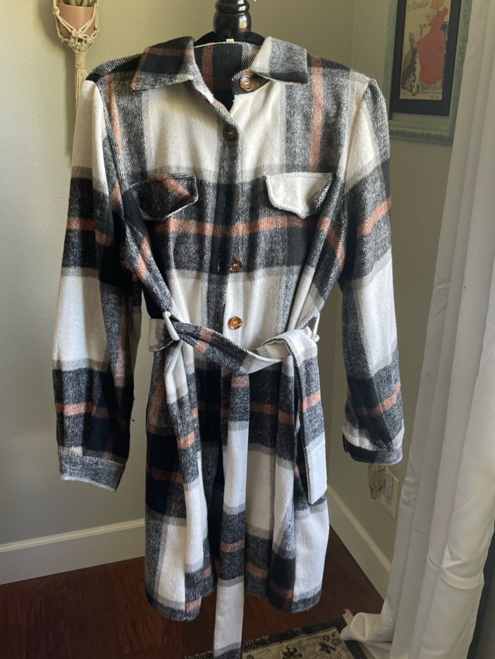 Plaid Shirt Dress with Belt - White, Black & Rust